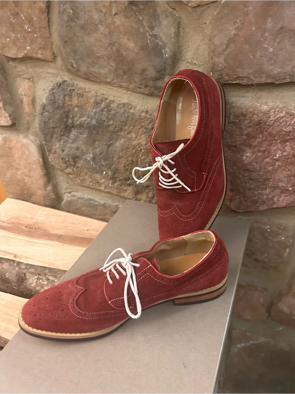 Shoes Men's Suede Wingtip Derby Shoes in Deep Red with Contrast Laces 41